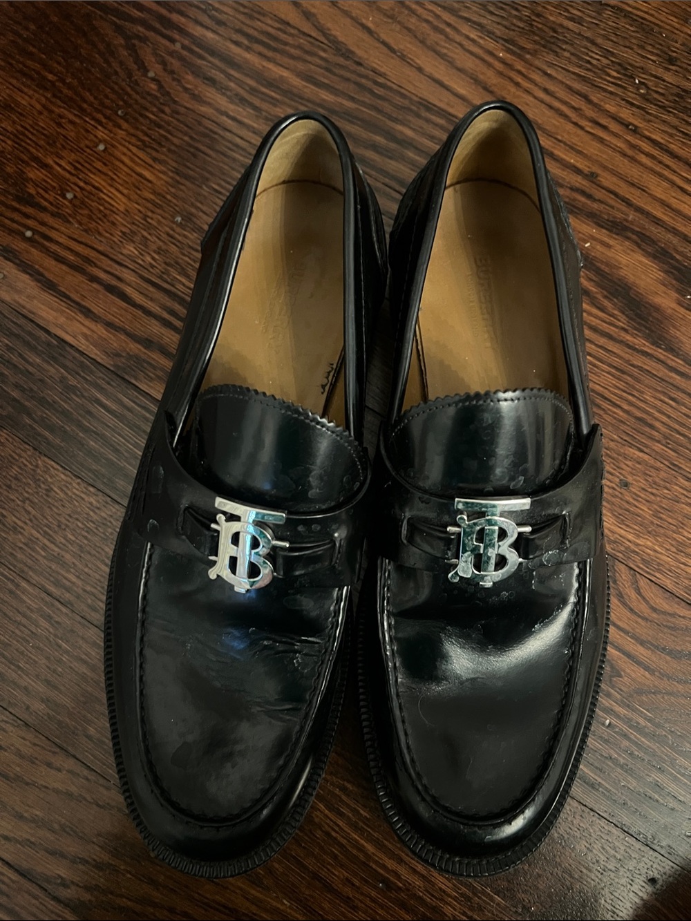 Burberry Black Leather Loafers with Silver TB Logo - Picture 9 of 11
